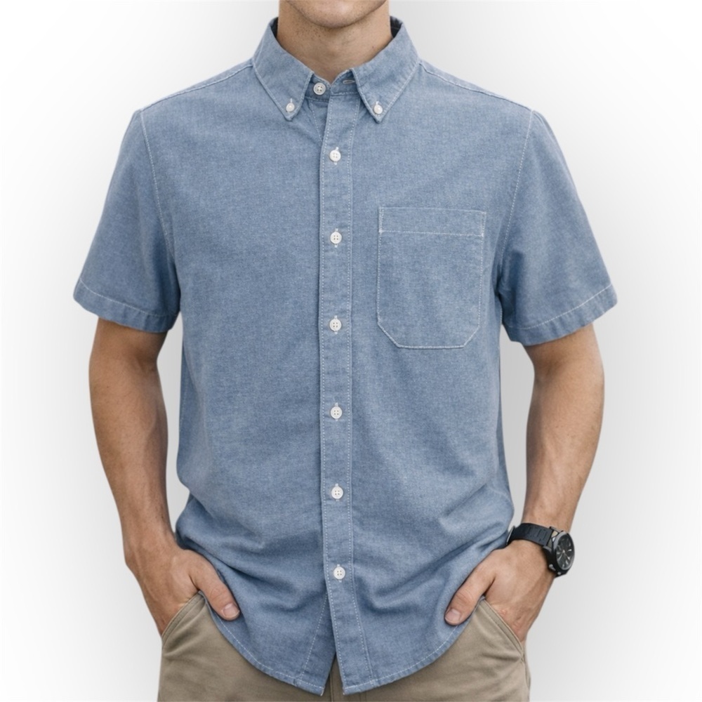 Wonder Nation Blue Short Sleeve Button-Down Shirt|Boys Casual Chambray Top(1181)